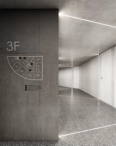 Modern 3F Elevator Hallway Featuring Concrete Walls Floor Plan And Exit Signs 3d model