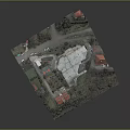 Cartoon Scene Model With Blue High Rise Buildings Red Roof Houses Green Trees And Roads