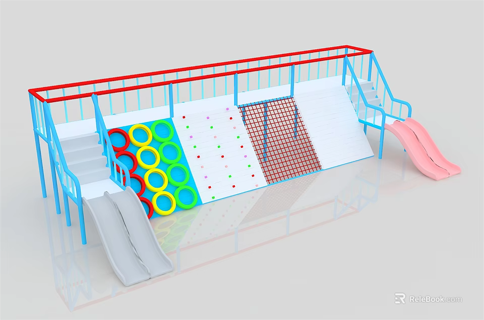Colorful Playground Equipment With Climbing Walls Multiple Slides And Safety Railings 3d model 