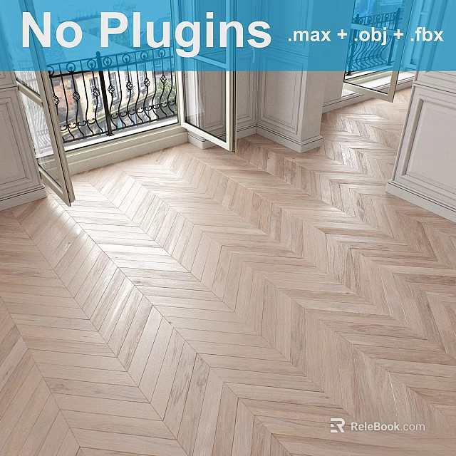 Herringbone Wooden Floor In Room With White Cabinets Open Windows And Black Railings 3d model 