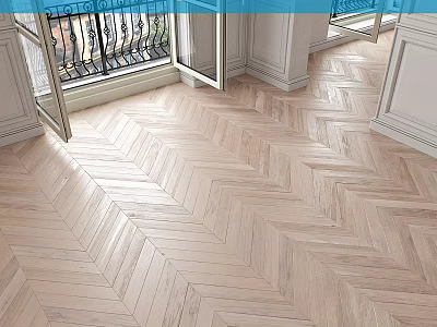 Herringbone Wooden Floor In Room With White Cabinets Open Windows And Black Railings 3d model
