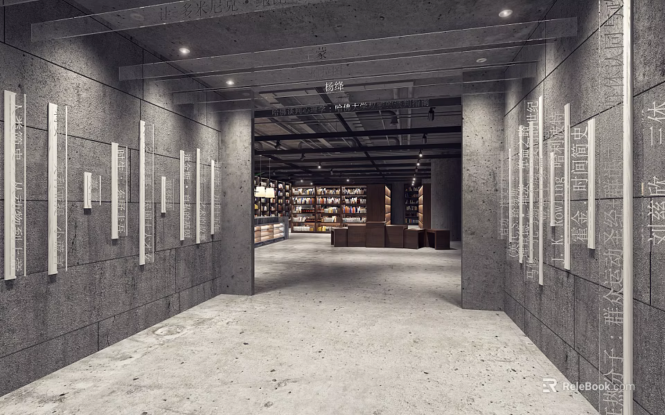 Modern Elevator Hallway With Gray Concrete Walls Decorative Strips And Ceiling Lights 3d model 