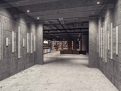 Modern Elevator Hallway With Gray Concrete Walls Decorative Strips And Ceiling Lights 3d model