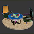 Modern Miniature Scene With Blue Round Table Two Chairs And Chessboard