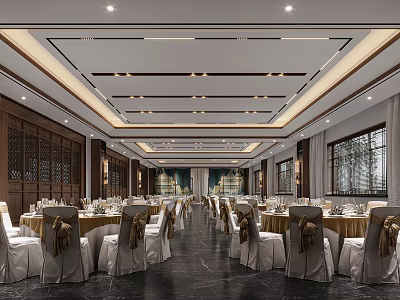 Luxurious Banquet Hall Interior With Elegant Dining Tables Decorative Chairs And Ceiling Lighting Design 3d model