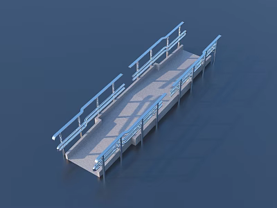 Modern Blue Metal Railings Along Platform Walkway with Water Surface Background 3d model