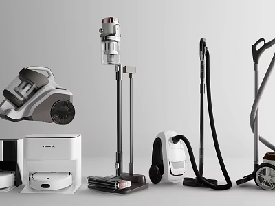 Variety of Home Cleaning Equipment Including Upright Stick And Canister Vacuums 3d model