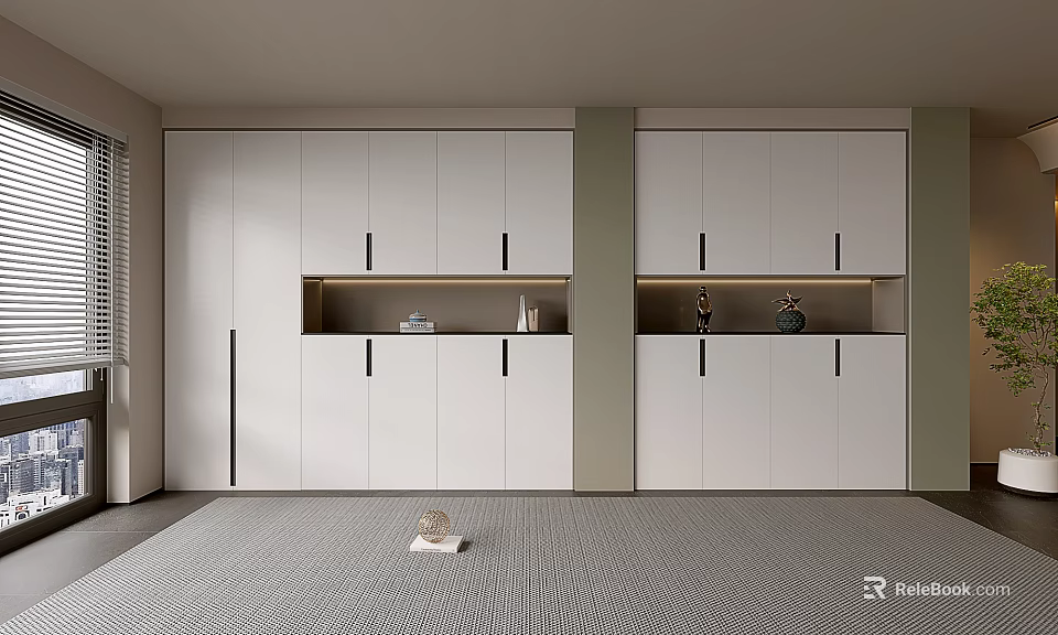 Modern Luxury Bedroom Interior With White Built In Wardrobes Gray Carpet Open Storage 3d model 