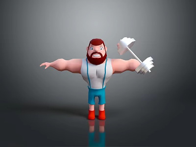 Cartoon Muscular Man Lifting Dumbbell In White Tank Top And Blue Pants 3d model
