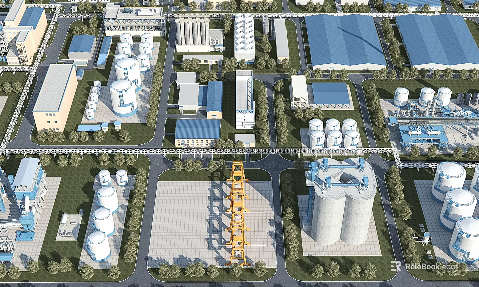 Industrial Plant Aerial View With Storage Tanks Towers Buildings Roads And Green Belts 3d model 