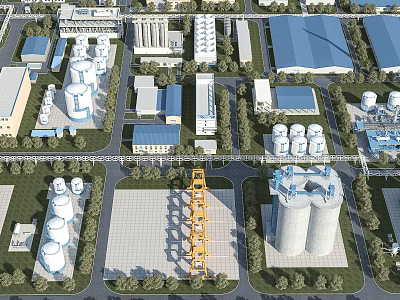 Industrial Plant Aerial View With Storage Tanks Towers Buildings Roads And Green Belts 3d model