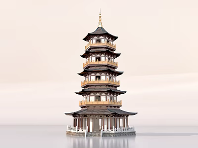 Traditional Chinese Pagoda Architecture With Multi Tiered Curved Eaves And Golden Finial 3d model