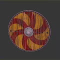 Medieval Round Shield Weapon With Red And Orange Spiral Pattern Leather Rim And Metal Boss