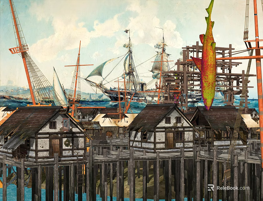 Scenic Garden Landscape with Stilt Houses Sailing Ships Crane and Fish Sculpture 3d model 