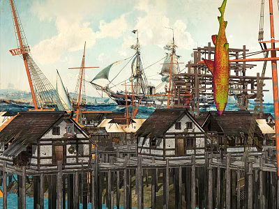 Scenic Garden Landscape with Stilt Houses Sailing Ships Crane and Fish Sculpture 3d model