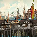 Scenic Garden Landscape with Stilt Houses Sailing Ships Crane and Fish Sculpture