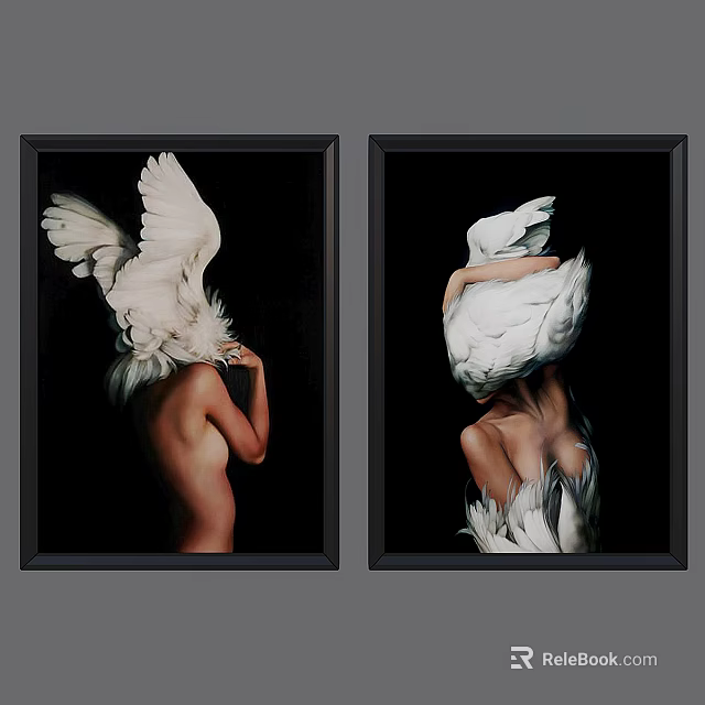 Abstract Nude Figure Portraits With White Feathered Head On Black Background 3d model 