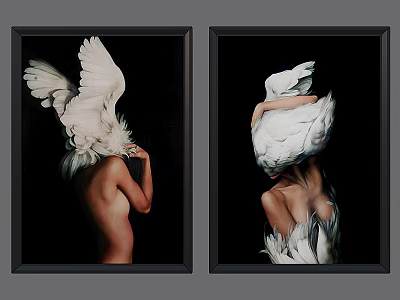 Abstract Nude Figure Portraits With White Feathered Head On Black Background 3d model