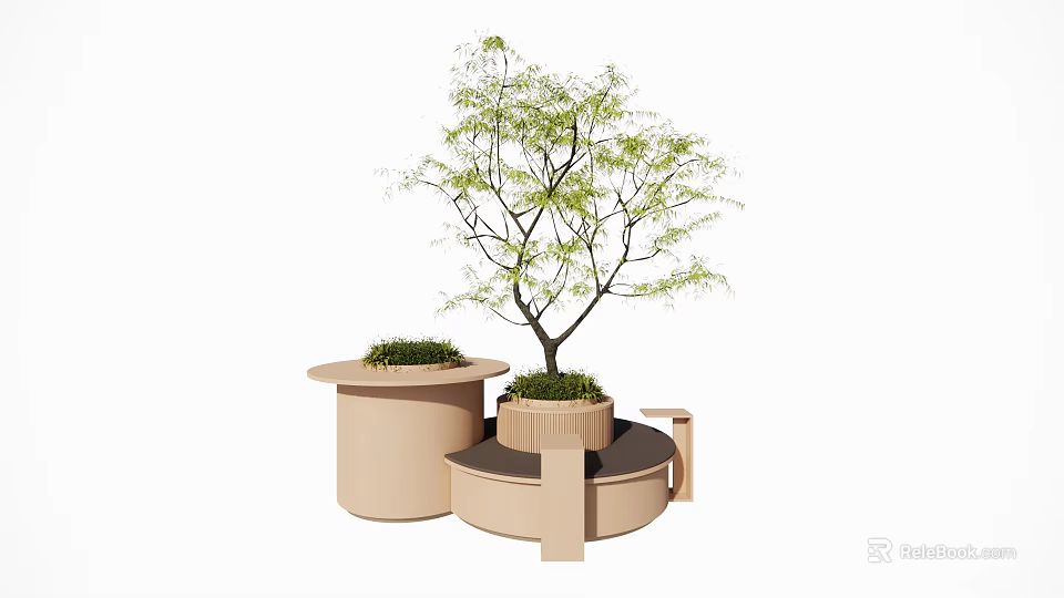 Public Chair With Circular Planter And Green Tree For Outdoor Landscaping 3d model 
