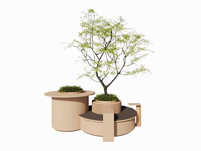 Public Chair With Circular Planter And Green Tree For Outdoor Landscaping 3d model