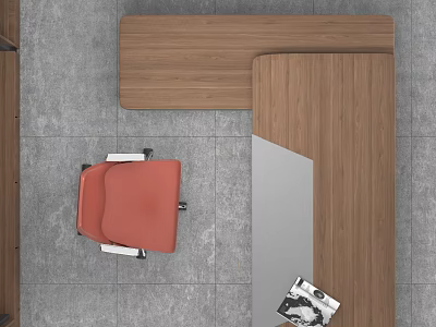 Modern Wooden Office Desk Interior With Red Chair And Gray Floor Surface 3d model