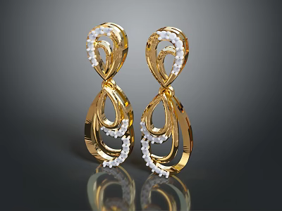 Gold Earrings With Elegant Design And White Beads Fashionable Jewelry Accessory 3d model