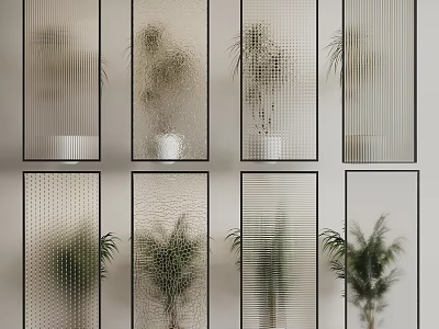 Modern Glass Room Dividers with Textured Panels and Black Frames in Interior Space with Plants 3d model