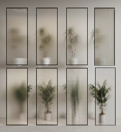 Modern Glass Room Dividers with Textured Panels and Black Frames in Interior Space with Plants 3d model