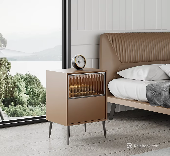 Modern Minimalist Bedside Table With Clock In Bedroom Featuring Green Trees And Lake View 3d model 