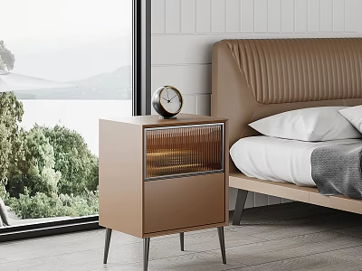 Modern Minimalist Bedside Table With Clock In Bedroom Featuring Green Trees And Lake View 3d model