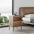 Modern Minimalist Bedside Table With Clock In Bedroom Featuring Green Trees And Lake View