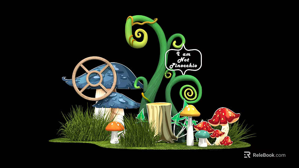 Colorful Mushrooms Green Vines Wooden Steering Wheel And Sign In Grass Scene 3d model 