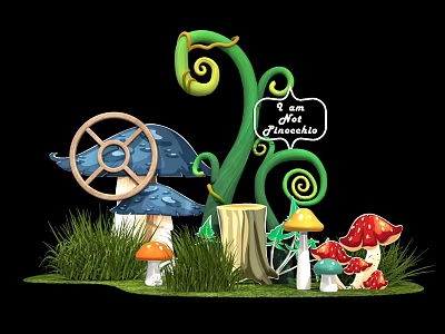 Colorful Mushrooms Green Vines Wooden Steering Wheel And Sign In Grass Scene 3d model