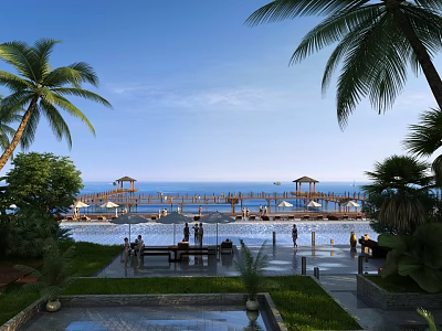 Tropical Garden Landscape With Swimming Pool Palm Trees And Seaside Wooden Pavilions 3d model