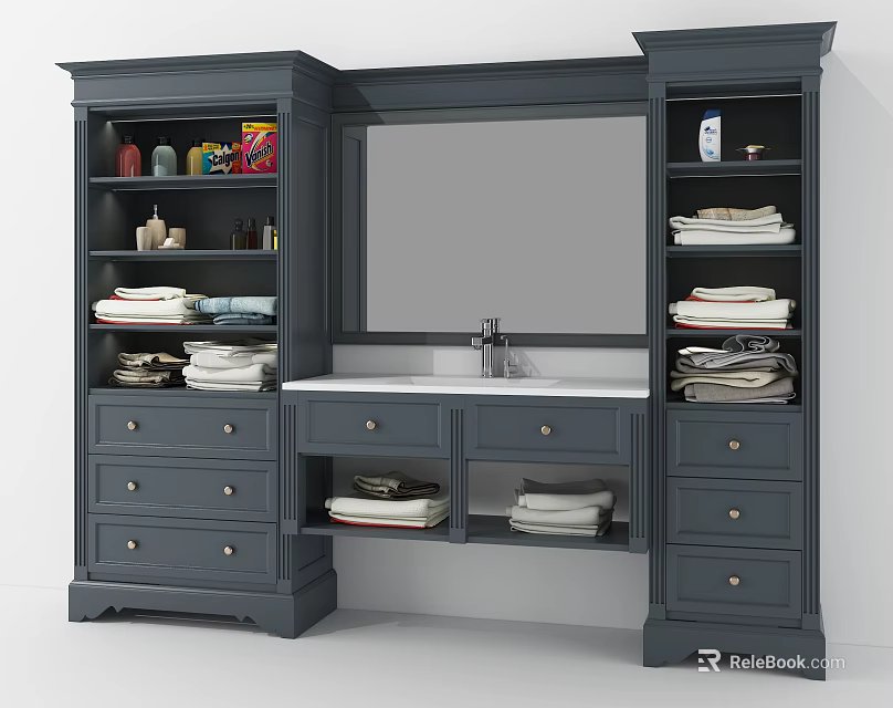 Gray Bathroom Vanity With Large Mirror Drawers Towel Shelves And Decorative Items 3d model 