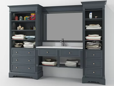 Gray Bathroom Vanity With Large Mirror Drawers Towel Shelves And Decorative Items 3d model