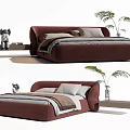 Modern Burgundy Double Bed with Soft Pillows Bedding and Elephant Figurine Green Plant