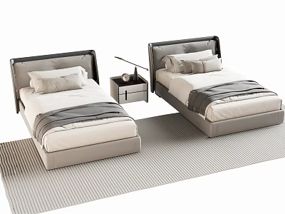 Modern Bedroom With Two Single Beds Gray Headboard White Bedding Nightstand And Striped Rug 3d model