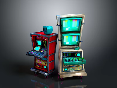 Vintage Electronic Arcade Machines With Red Silver Design Multiple Screens And Control Panels 3d model