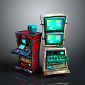 Vintage Electronic Arcade Machines With Red Silver Design Multiple Screens And Control Panels