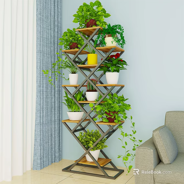 Multi Tiered Decorative Plant Stand With Leafy Green Plants And Various Pots For Indoor Garden 3d model 