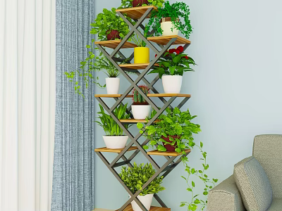 Multi Tiered Decorative Plant Stand With Leafy Green Plants And Various Pots For Indoor Garden 3d model