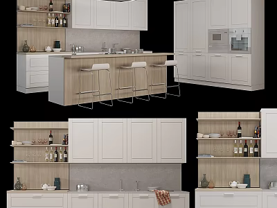 Modern Kitchen Interior With White Cabinets Island Stools Appliances And Open Shelves 3d model