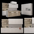 Modern Kitchen Interior With White Cabinets Island Stools Appliances And Open Shelves