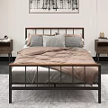 Double Bed With Metal Frame Beige Comforter Gray Pillows Curtains And Window Seat