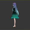 3D Anime Character Model With Teal Purple Curly Hair And Green Ruffled Dress