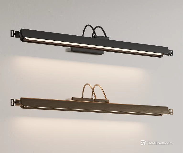 Black And Brown Long Strip Wall Lamps Mounted On White Wall With Illuminated Light Strips 3d model 
