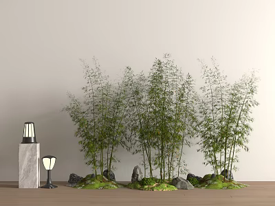 Lush Green Bamboo Plants With Stone Lanterns And Moss On Wooden Floor 3d model