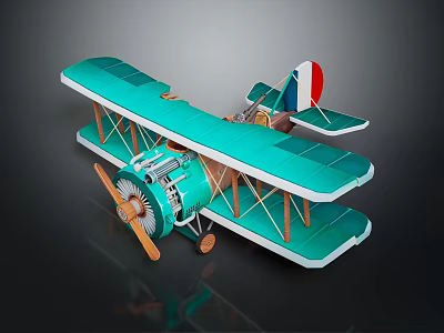 Vintage Turquoise Green Biplane Model With Red And White Tail Wooden Propeller And Open Engine 3d model