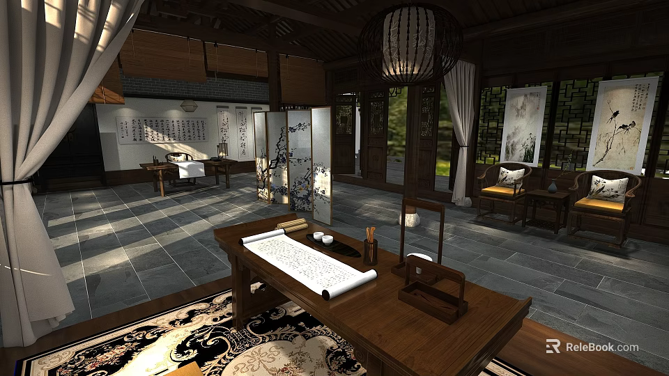 Traditional Chinese Interior With Wooden Furniture Screen Lantern Calligraphy Carpet And Natural View 3d model 